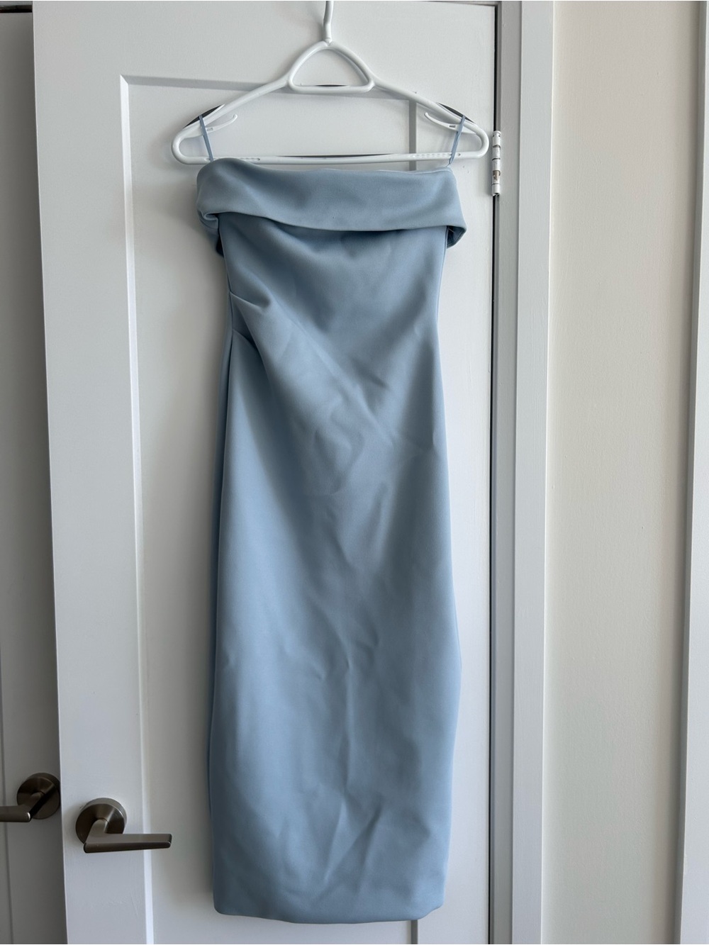 Babaton Strapless Fold-Over Midi Dress in Light Blue